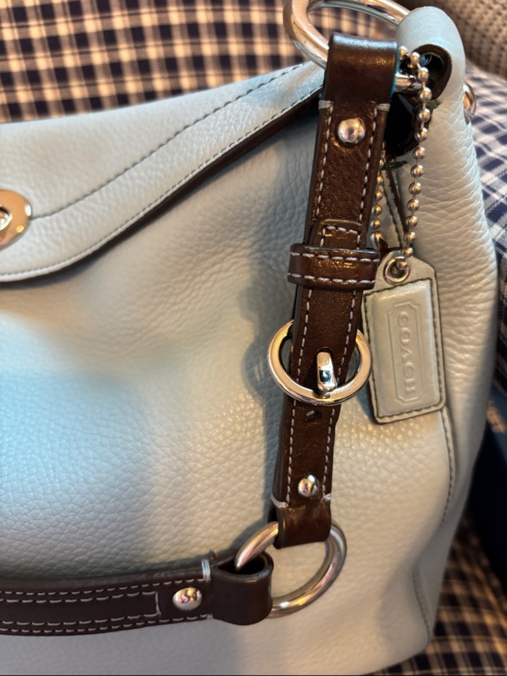 Coach Pebbled Leather Shoulder Bag in robin’s egg Blue with Dark Brown Trim - Picture 3 of 13